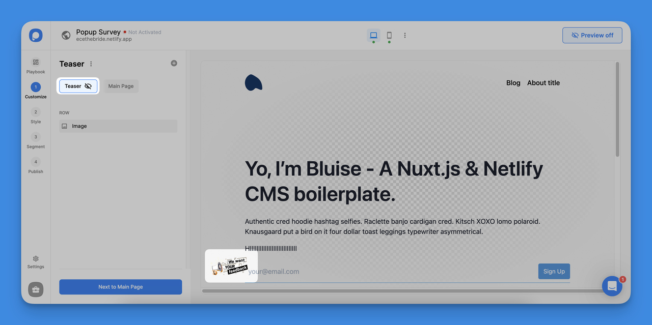 Teaser toggle button in Popupsmart for creating smaller, less intrusive popup surveys