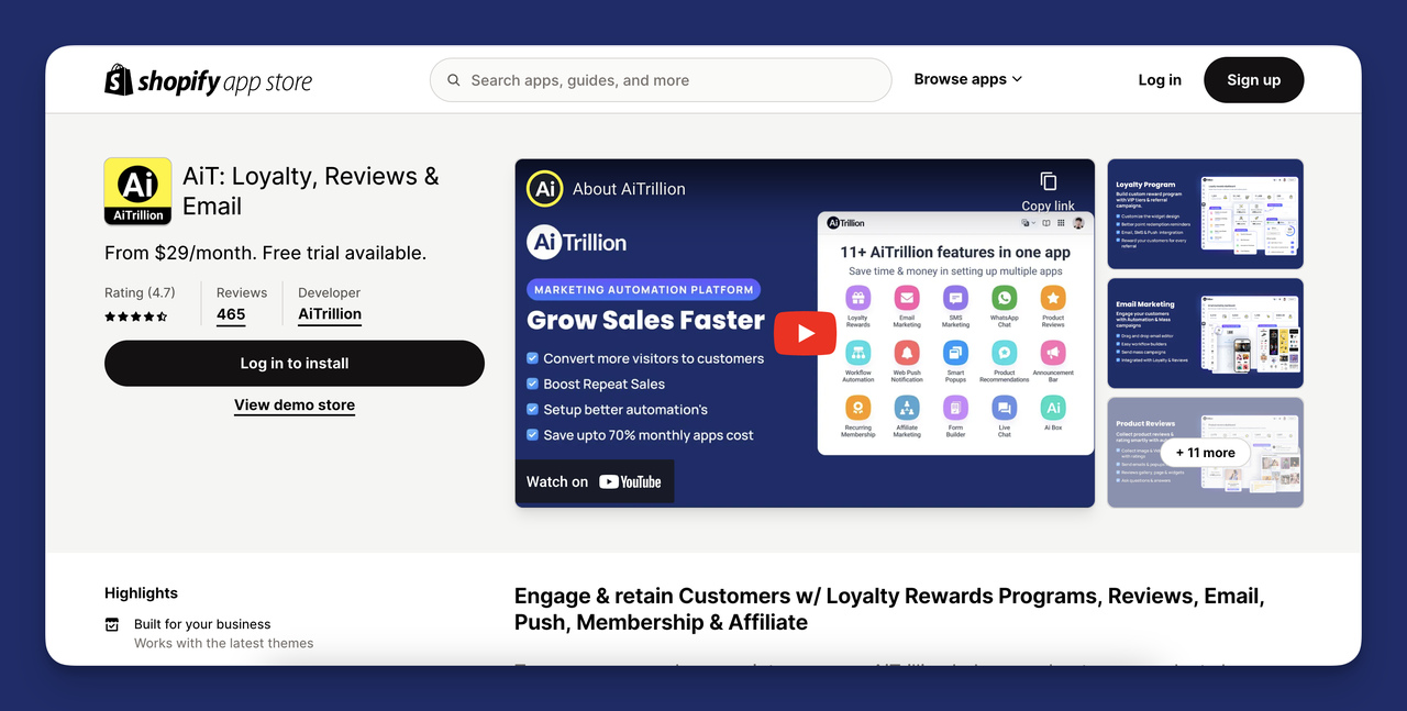 AiTrillion loyalty app view on Shopify app store