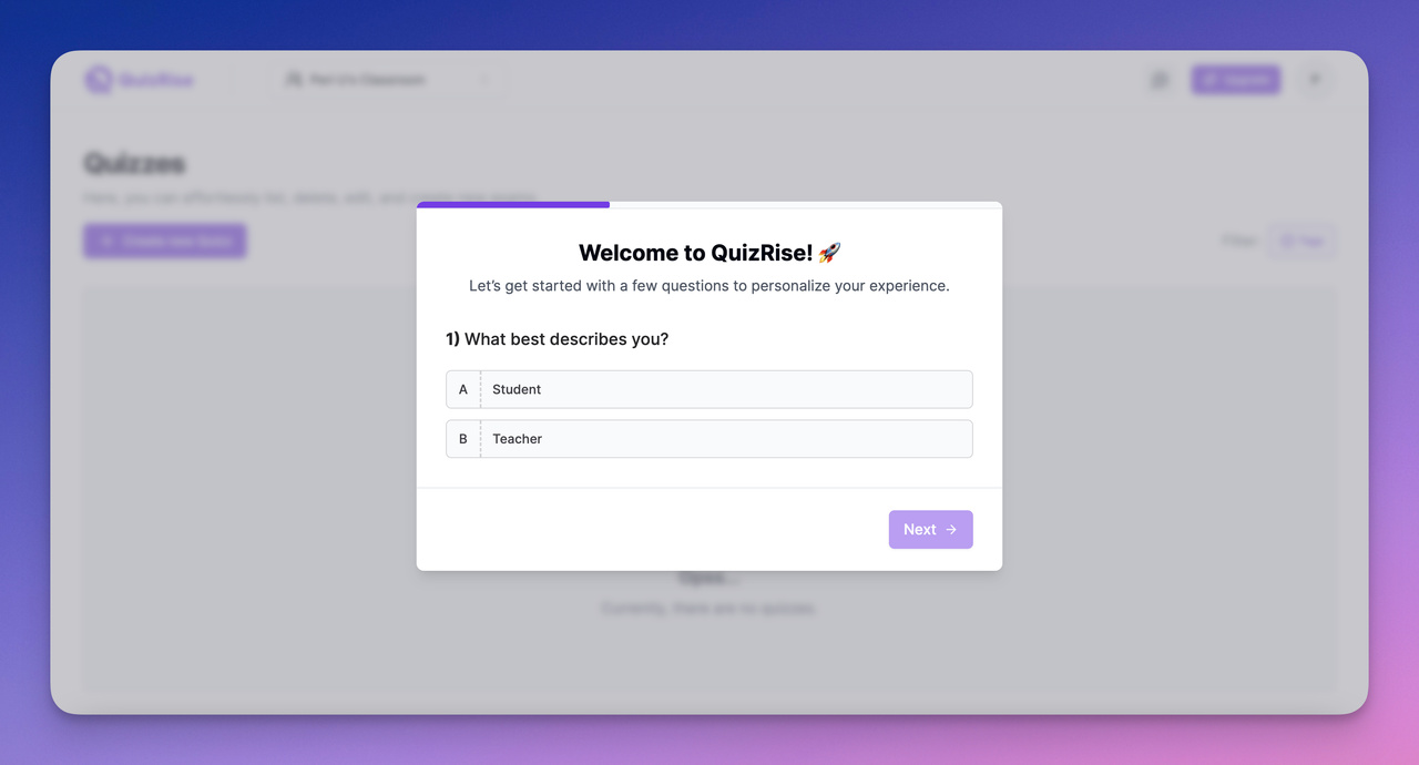 the Welcome step of QuizRise