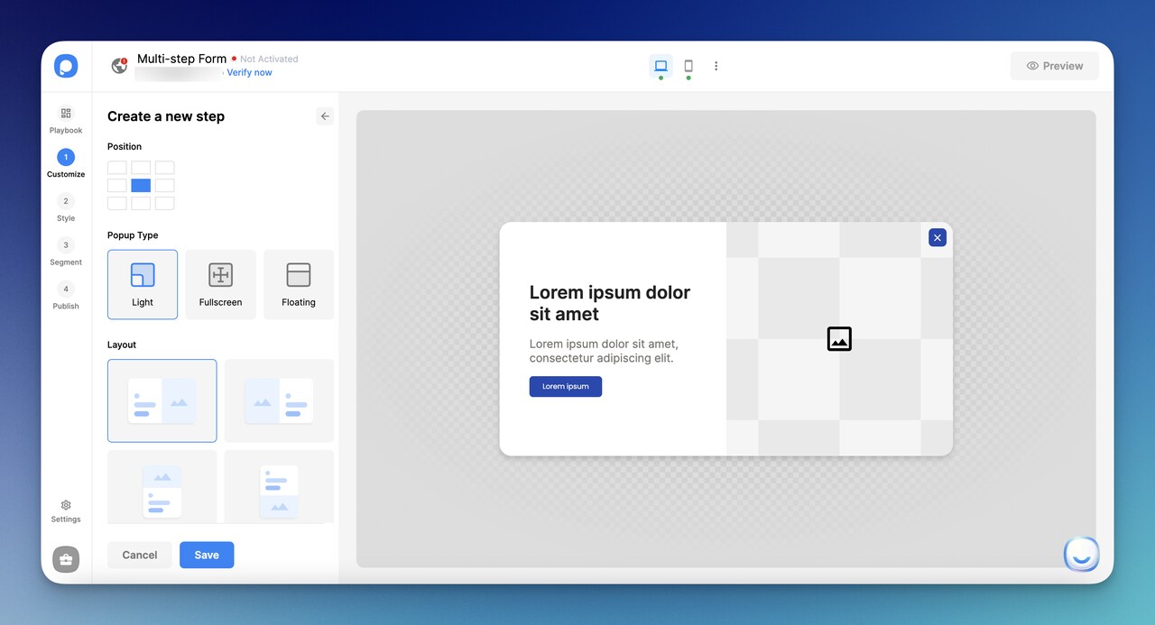 Popupsmart's dashboard for multi-step form 