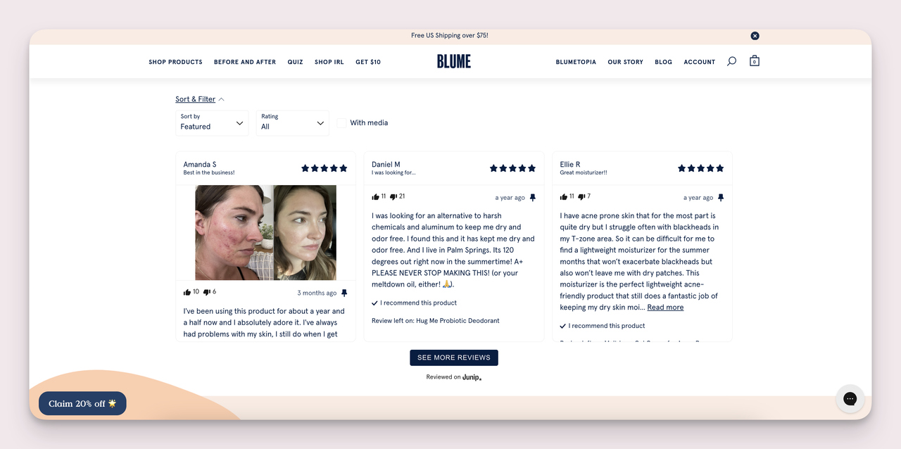 Example of ecommerce lead generation from Blume