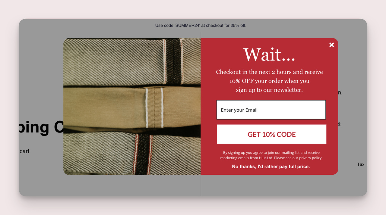 Ecommerce lead generation example from Hiut Denim Co.