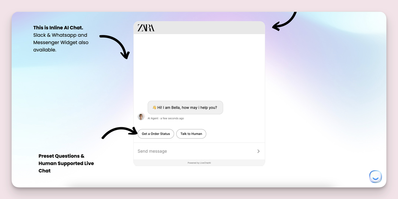 LiveChatAI ecommerce AI chatbot landing page screenshot