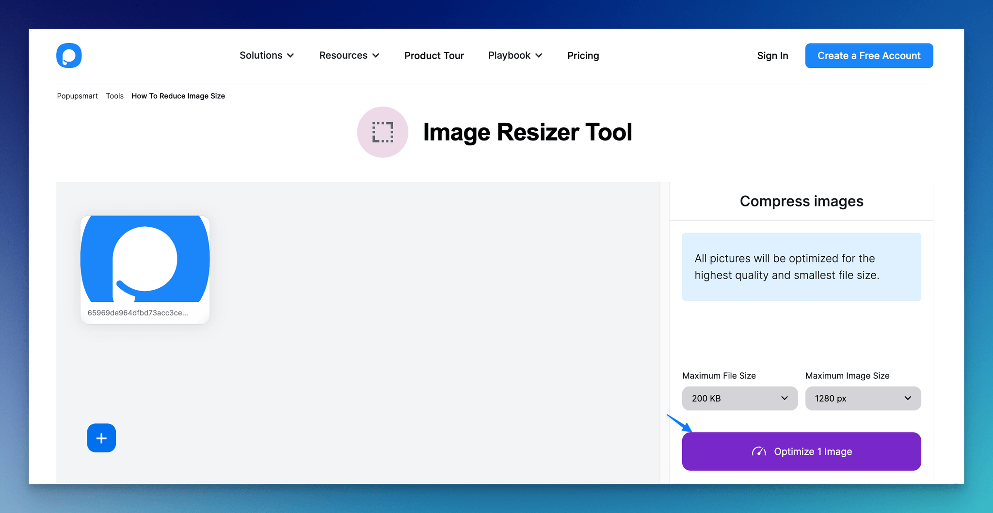 clicking optimize image button on image resizer tool