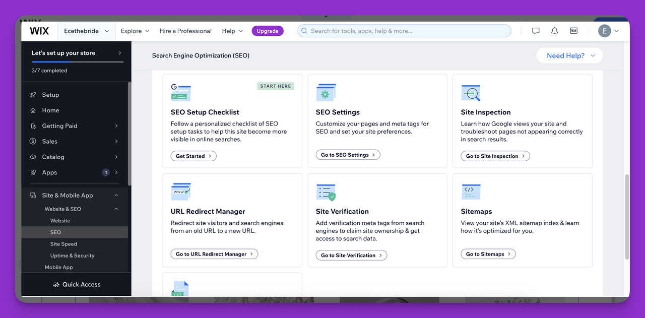 Built-in SEO features, one of the most important features of Wix for small businesses.