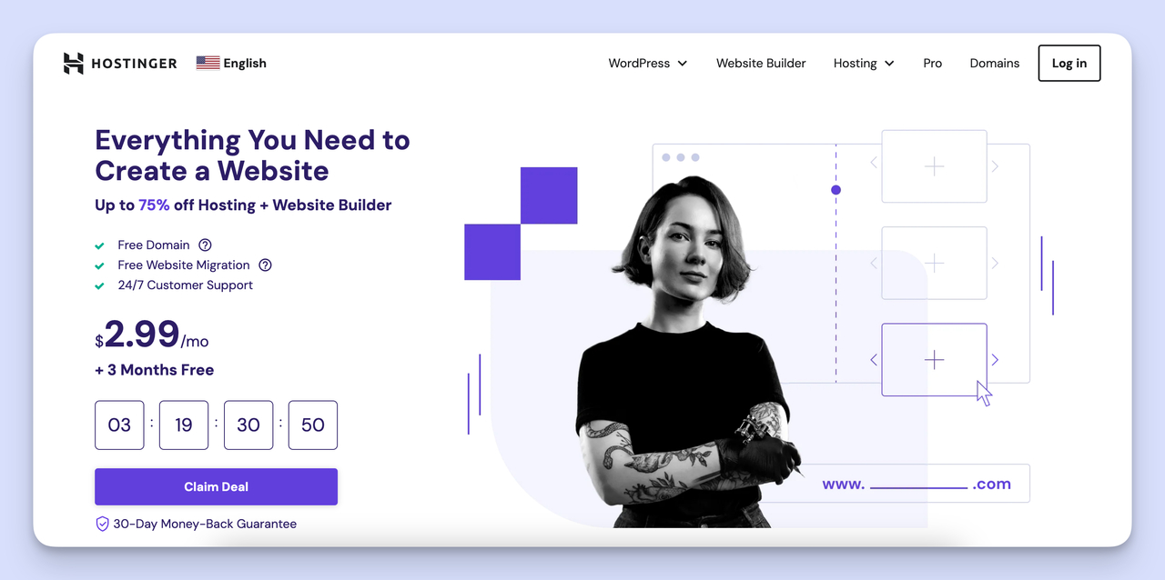 Secreenshoot of the homepage of Hostinger, the best website builder for small businesses looking for both website bulding and hosting.