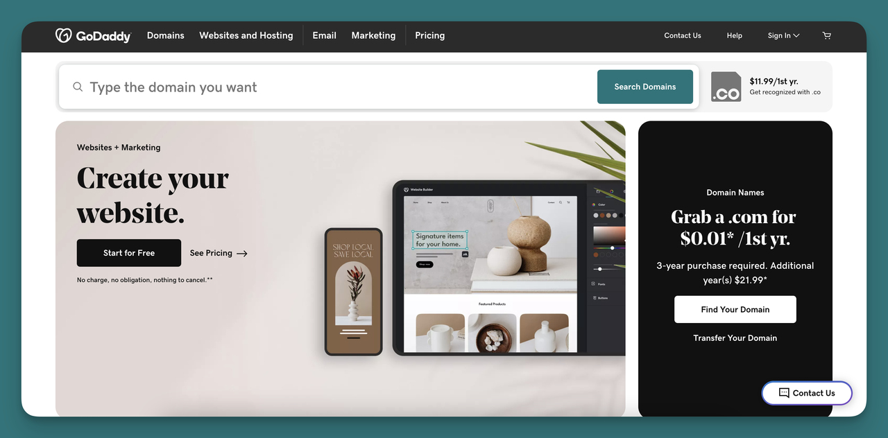 Secreenshoot of the homepage of Godaddy, the best website builder for small businesses with an urgent need to publish website quickly.