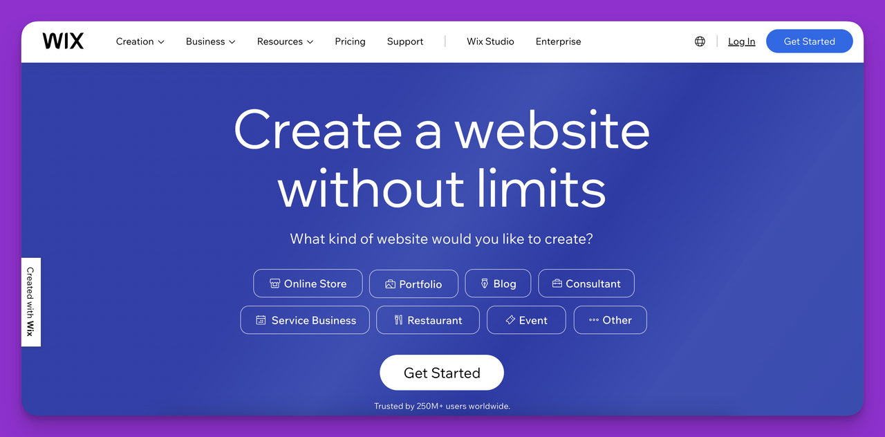 Secreenshoot of the homepage of Wix, the best website builder for small businesses looking for ease of design.