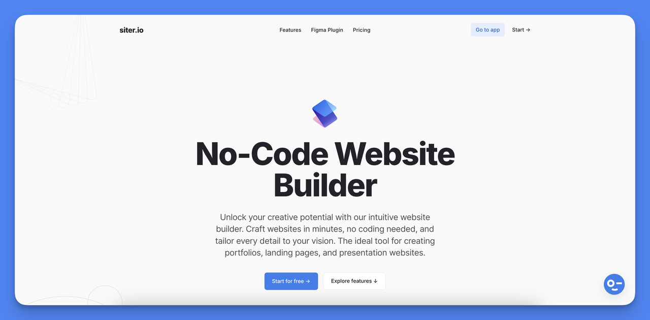 Secreenshoot of the homepage of Siter.io the best website builder for small businesses looking for collabration