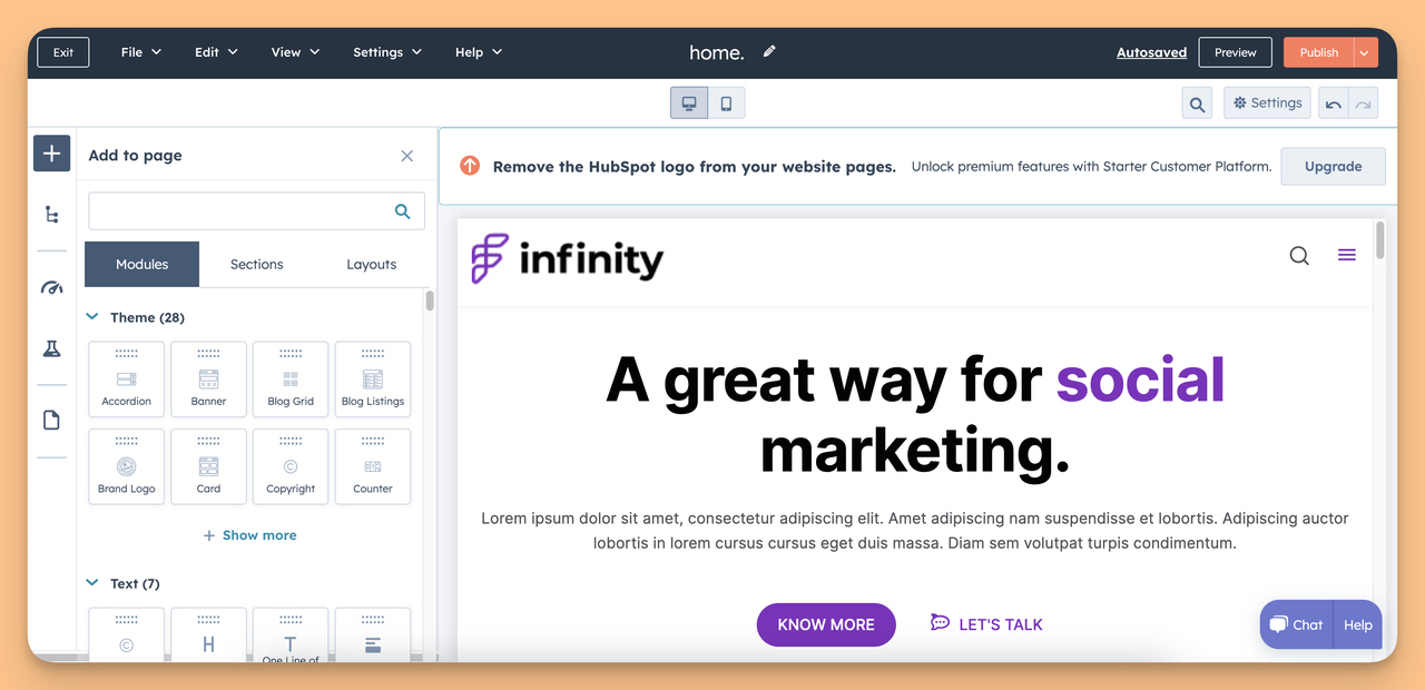 One of the most important features of Hubspot for small businesses; drag and drop editor.