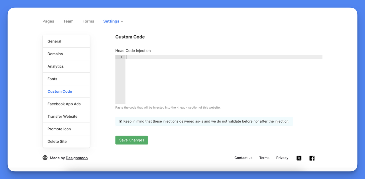 One of the most important features of Siter.io for small businesses; custom code integration.