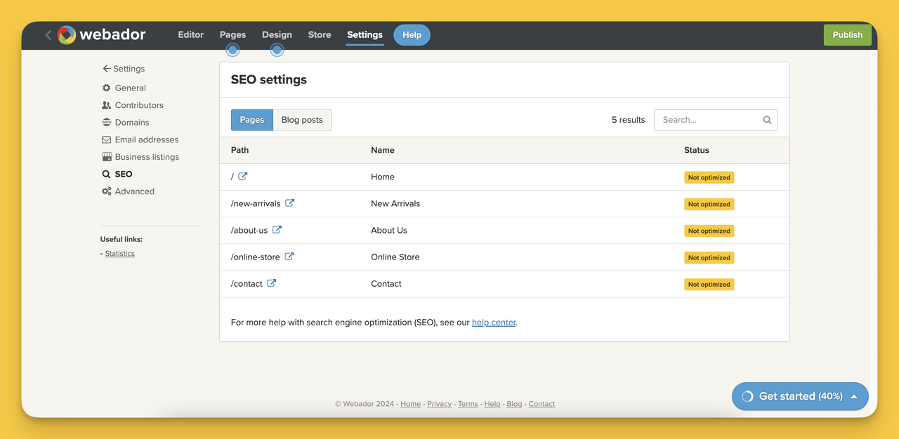 One of the most important features of Webador for small businesses; seo and analytics.