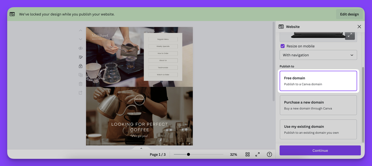 One of the most important features of Canva for small businesses; free domains.