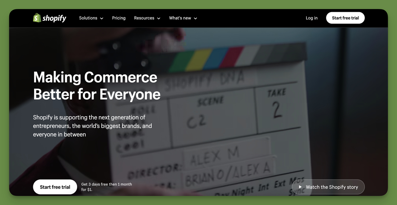Secreenshoot of the homepage of Shopify, the best website builder for small businesses looking for all-in-one ecommerce solutions.