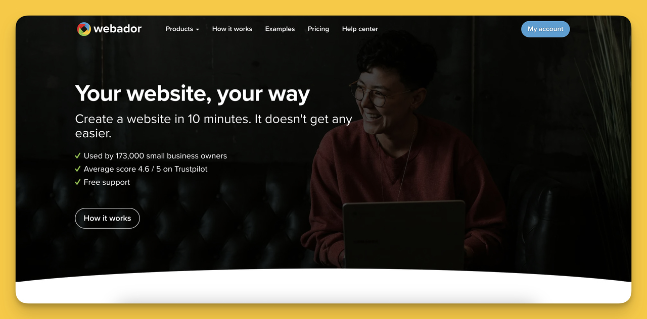Secreenshoot of the homepage of Webador the best website builder for small businesses looking for affordable option.