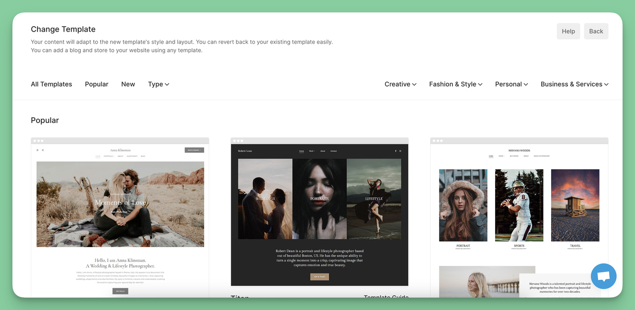 One of the most important features of Pixpa for small businesses; template variety.