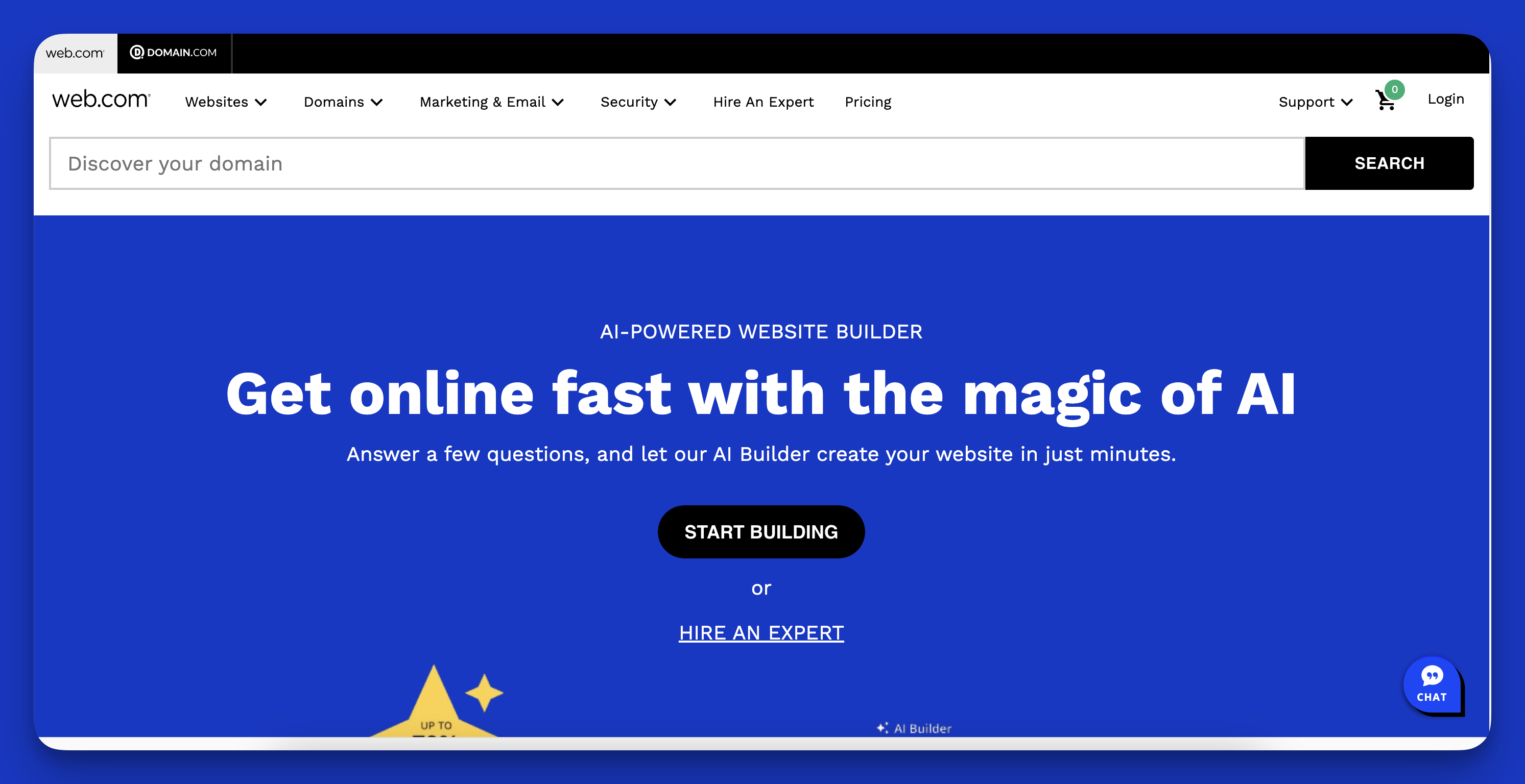 Secreenshoot of the homepage of Web.com, the best website builder for small businesses looking for AI efficiency.