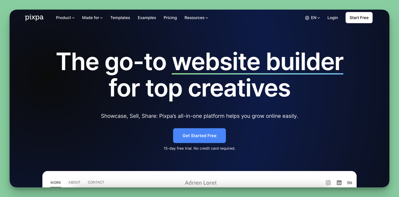 Secreenshoot of the homepage of Pixpa, the best website builder for small businesses particularly those in creative industries like photography, design, and art.