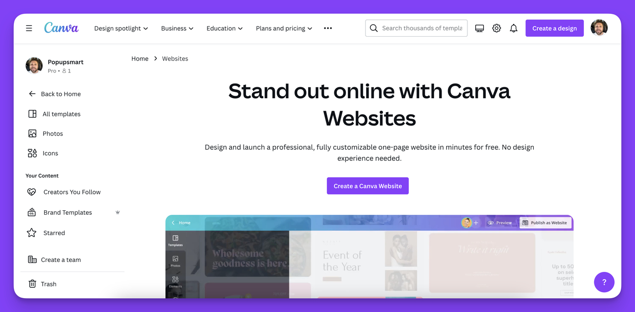 Secreenshoot of the homepage of Canva the best website builder for small businesses looking for one-page site needs.