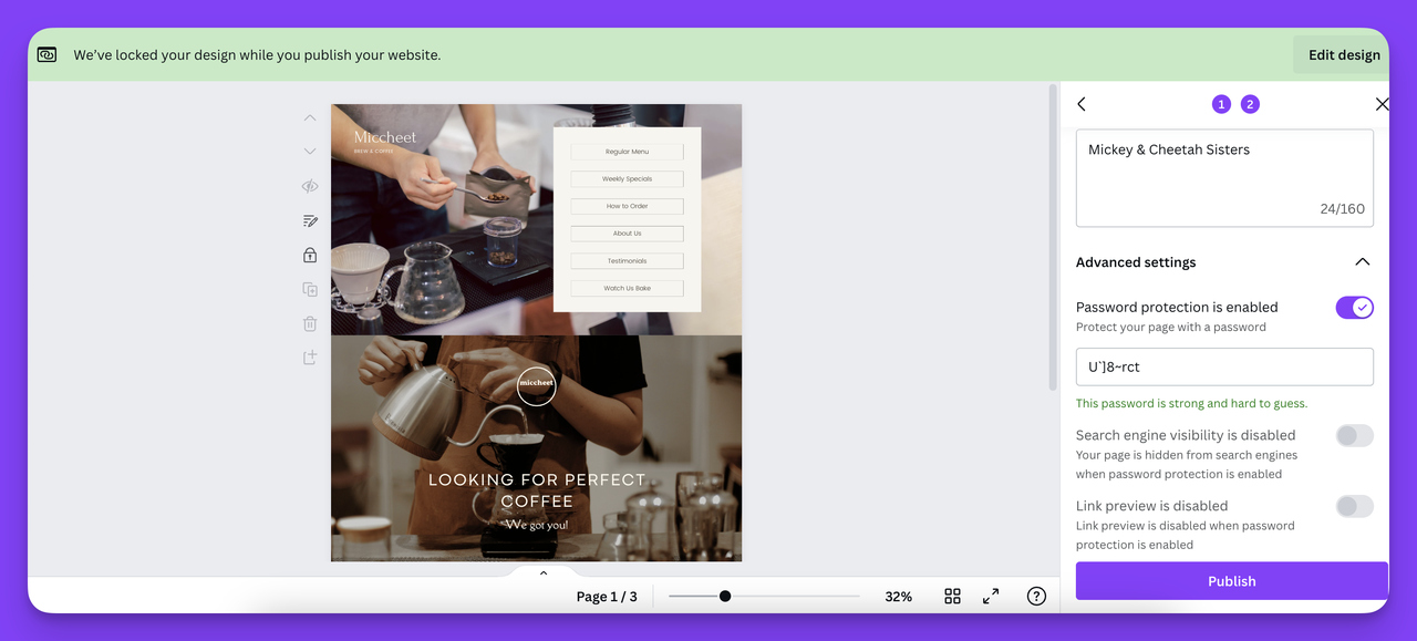 One of the most important features of Canva for small businesses; password protection.