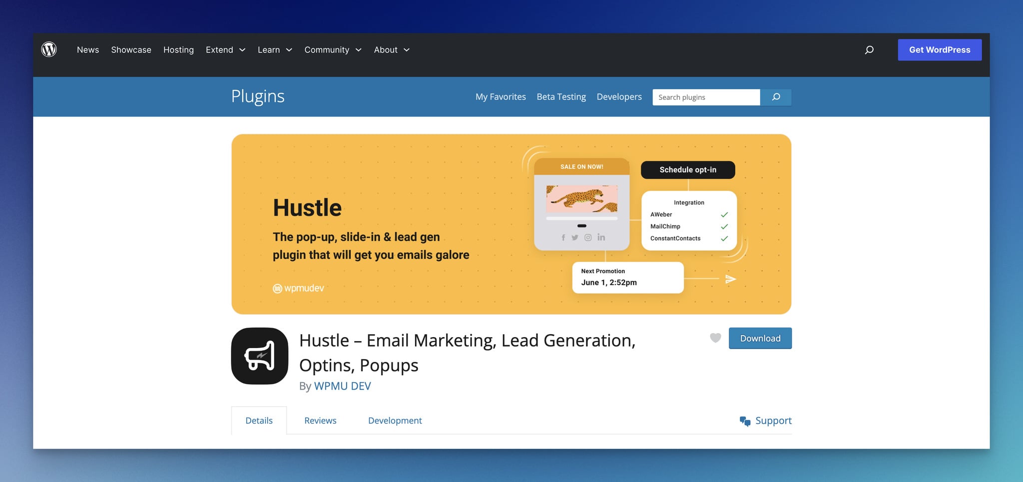 Hustle WordPress popup eklentisinin açılış sayfası