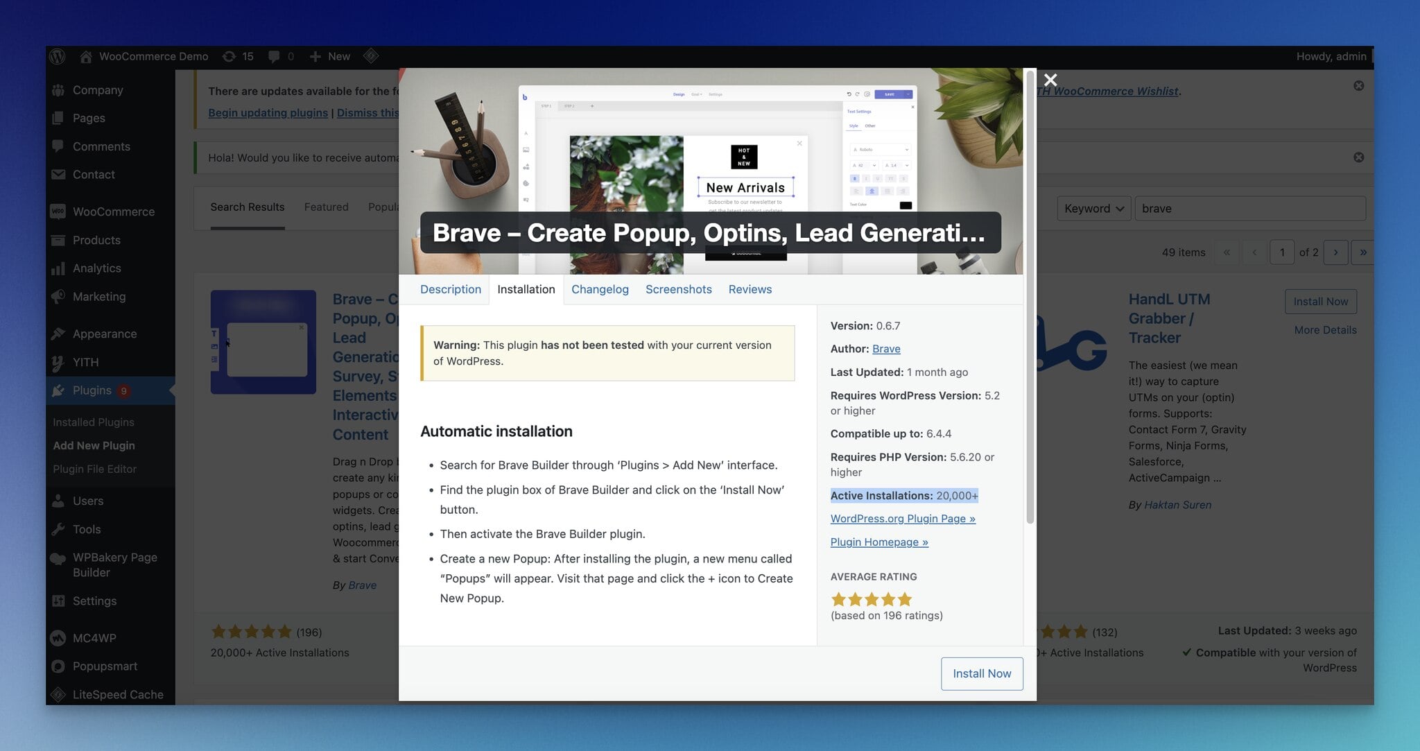Brave'in WordPress eklenti detayları
