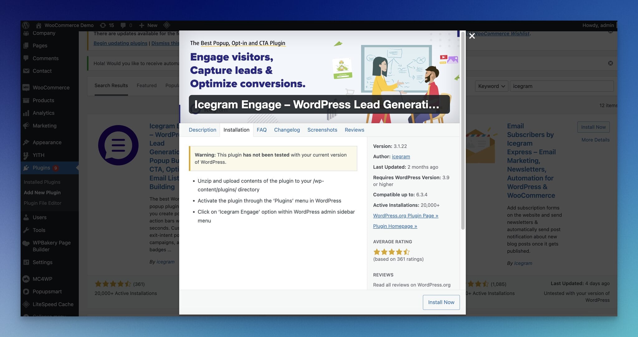 Icegram'ın WordPress eklentisi detayları