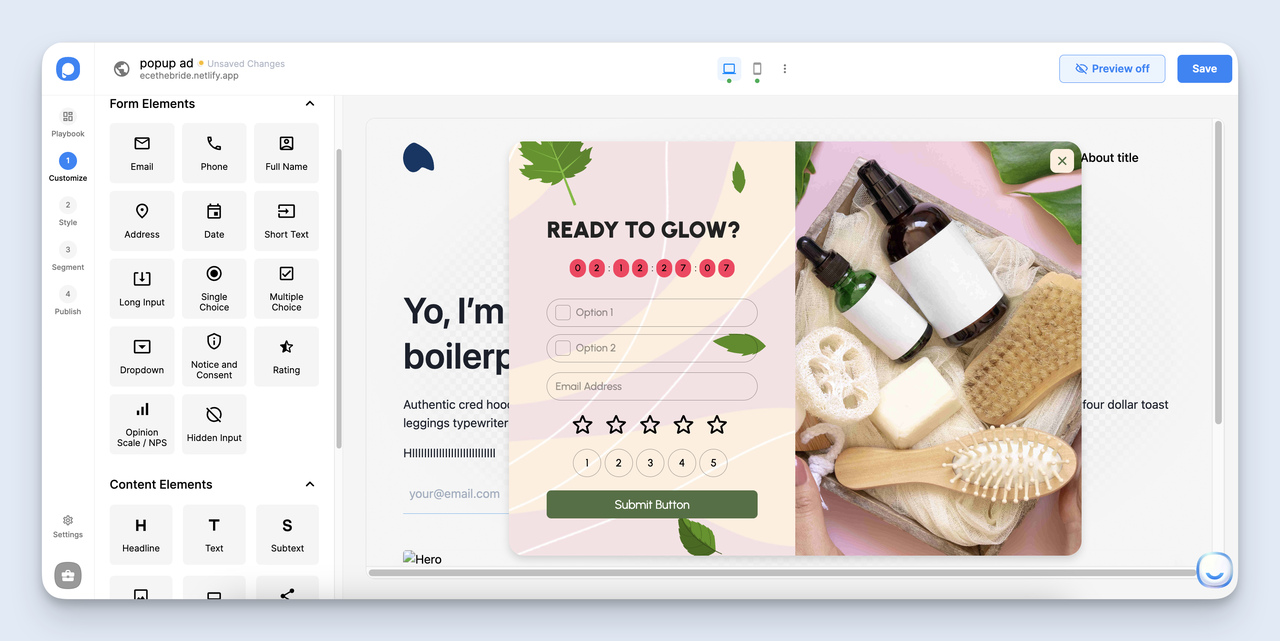 Popupsmart form elements panel with options to add email, phone, name, dropdown, rating, and countdown elements to the popup ad
