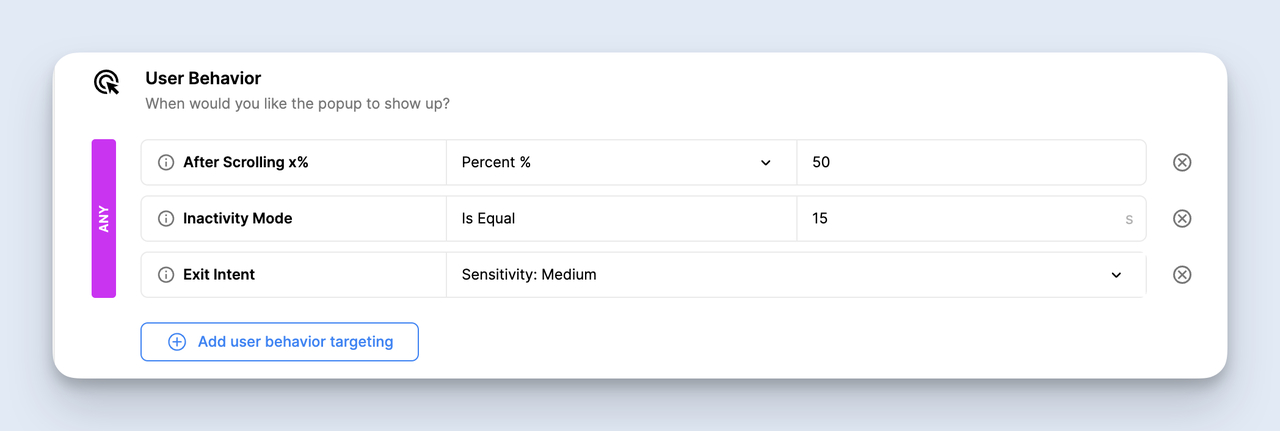 Popupsmart exit-intent trigger configuration screen showing the on-leave behavior setup for the popup ad