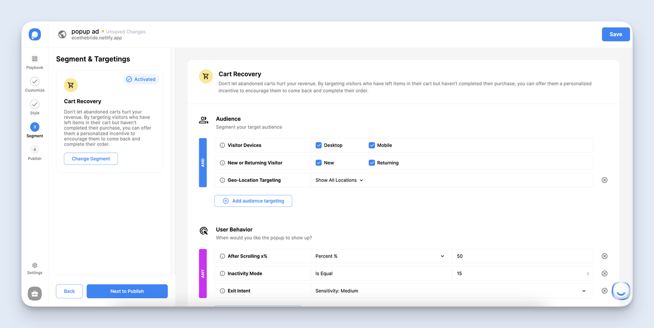 Popupsmart segment and target screen with visitor type, device, country, and URL path filters for the popup ad