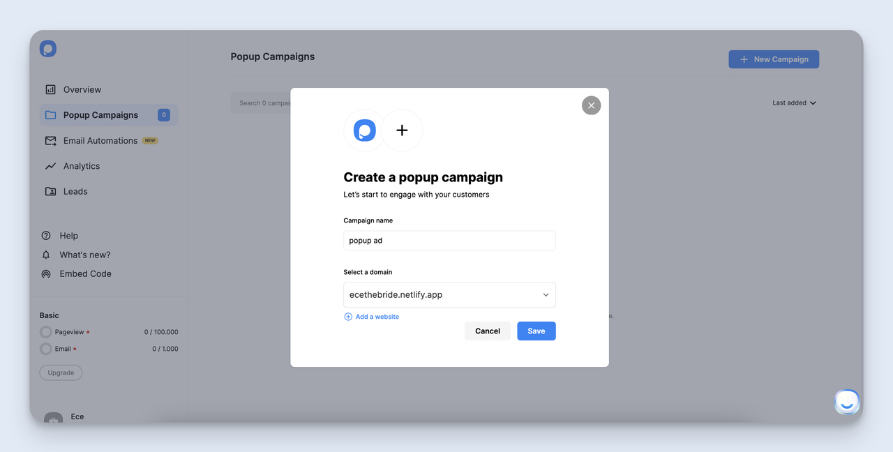 Popupsmart dashboard showing the New Campaign creation step where you name the popup ad and pick the display website
