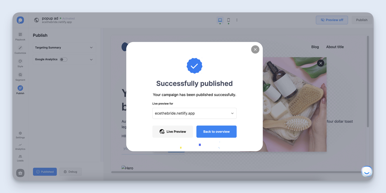 Popupsmart publish and review screen with the campaign activation toggle and live preview button