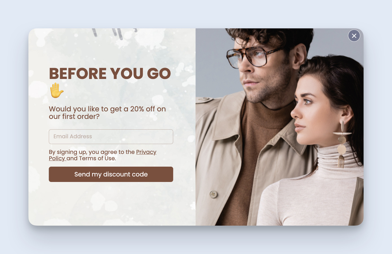 Popupsmart exit-intent popup ad template offering a discount to visitors about to leave the site