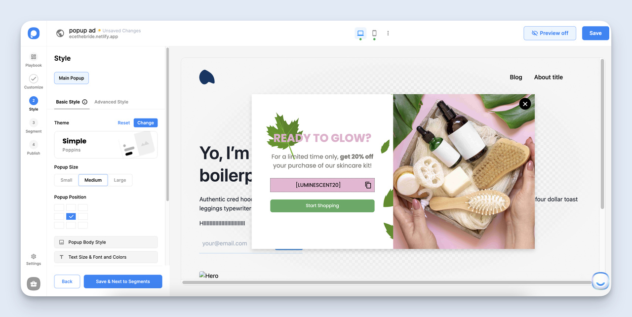 Popupsmart styling panel showing color pickers, size controls, and border options for the popup ad design