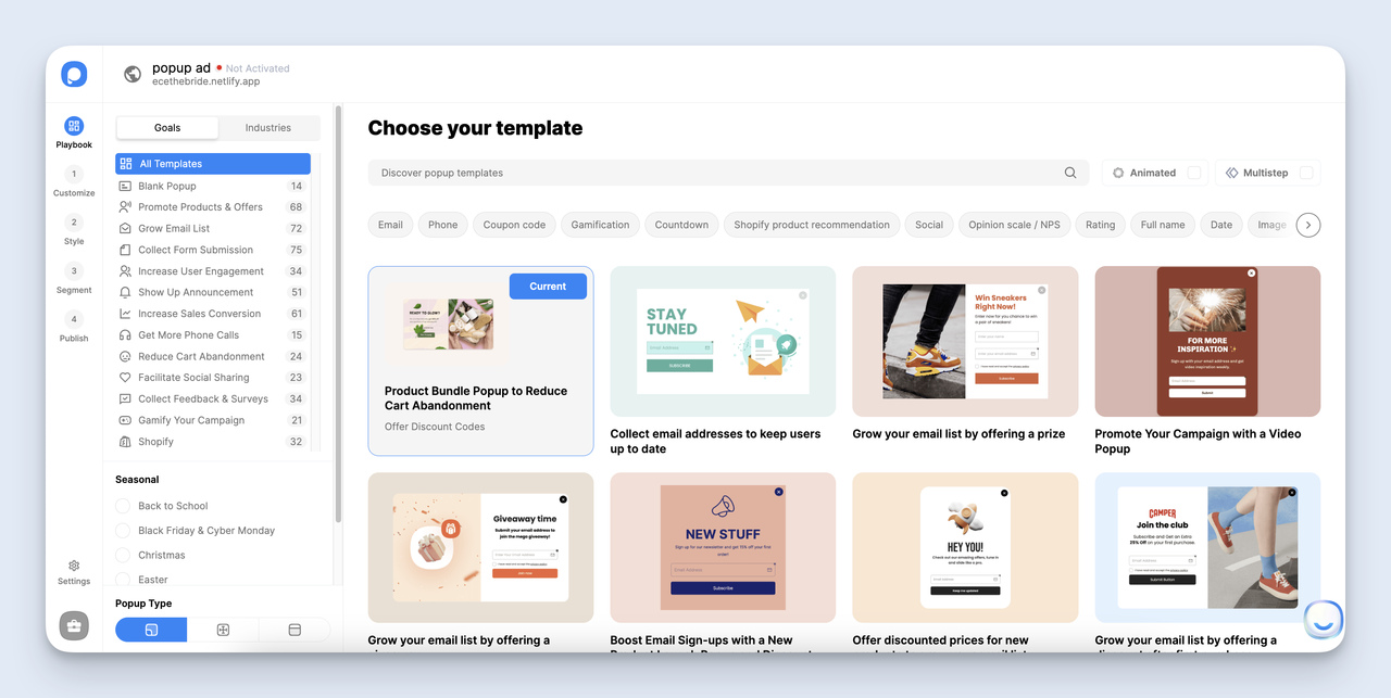 Popupsmart Playbook template gallery showing dozens of pre-built popup ad designs across different categories