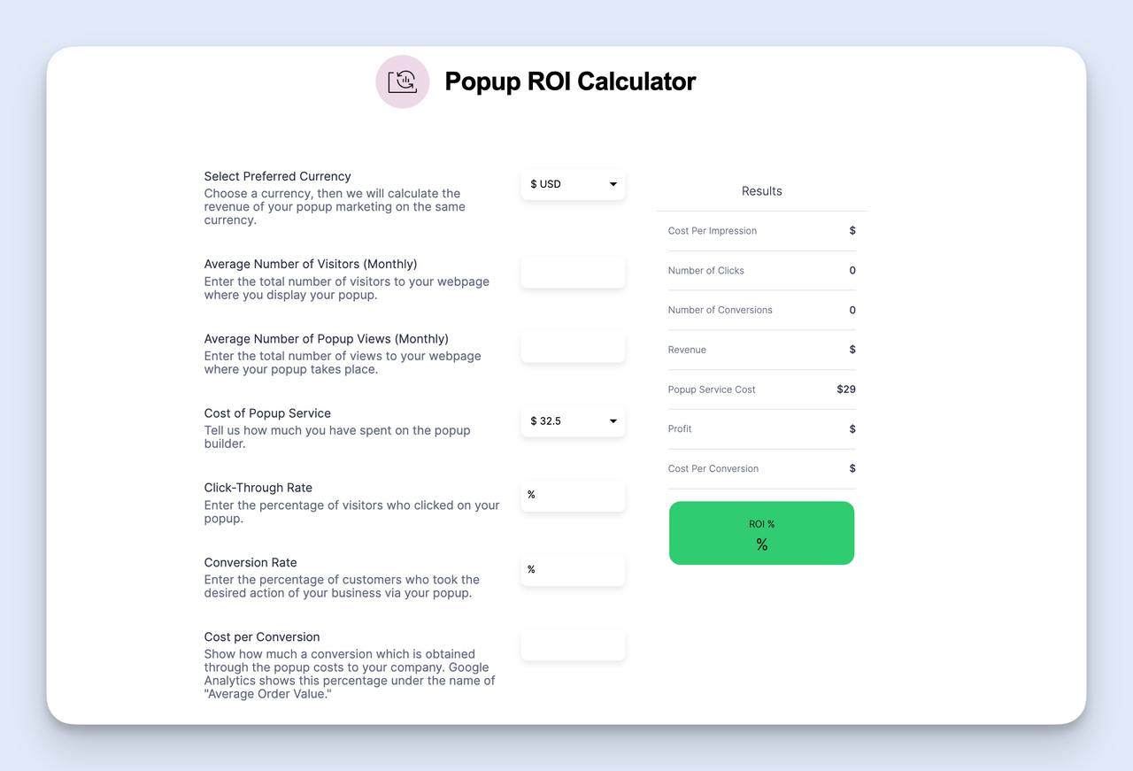 Popupsmart popup ROI calculator screen with input fields for traffic, conversion rate, and average order value