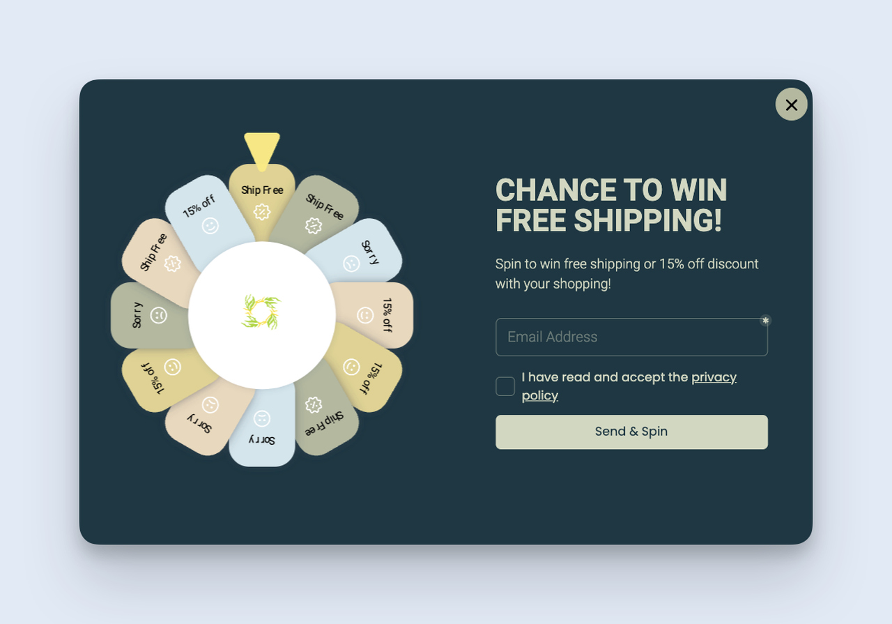 Popupsmart gamification spin-to-win popup ad template with a wheel and email capture form