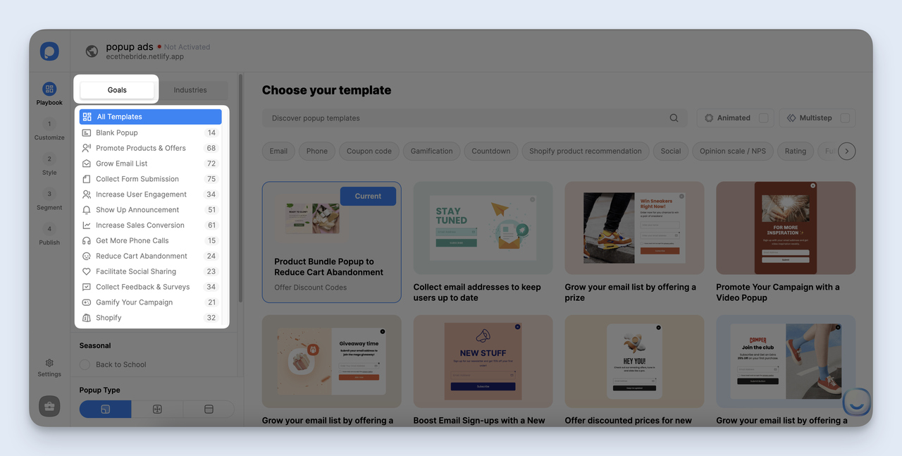 Popupsmart business goal selection screen with options like collect emails, drive sales, and gather feedback