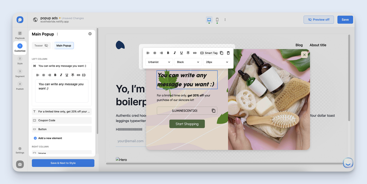 Popupsmart customization editor with the popup ad canvas in the center and design controls on the sides