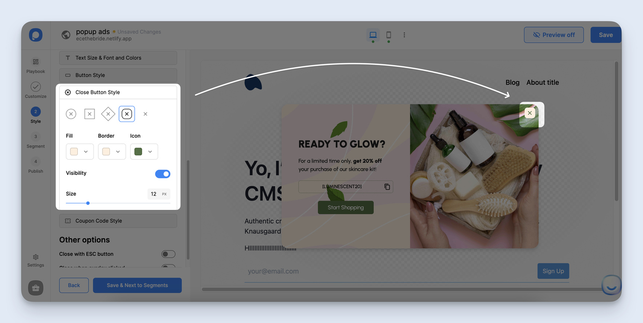 Popupsmart close button styling screen with size, position, and visibility controls for the popup ad close icon
