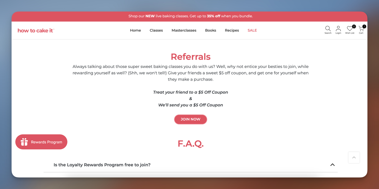 Referral program page for a baking class website, offering coupons for referrals and a sign-up option for the rewards program