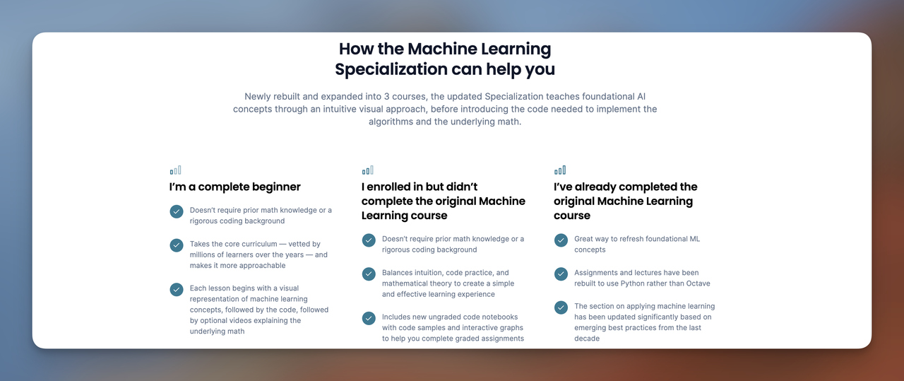 Detailed description of a Machine Learning course's benefits tailored for different user levels, emphasizing accessibility and foundational learning.
