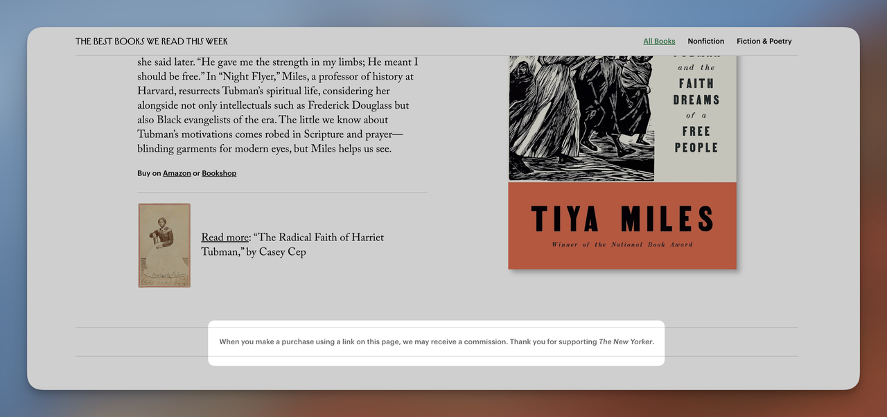 Webpage promoting a book by Tiyia Miles through affiliate links with options to buy on Amazon or Bookshop.