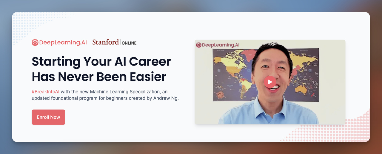 Homepage of an online course landing page featuring a promotional video by the instructor, headline announcing ease of starting an AI career, and an 'Enroll Now' button.