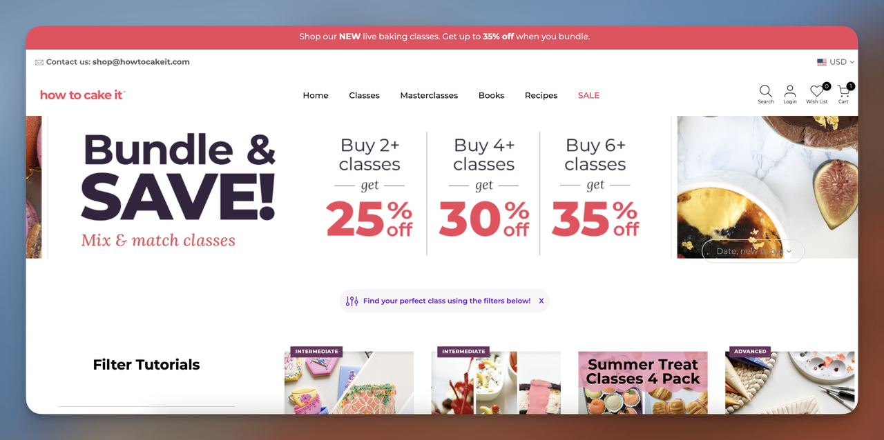 Promotional banner for a baking class website offering discounts on bundles of classes, with a clear call-to-action to buy more and save more