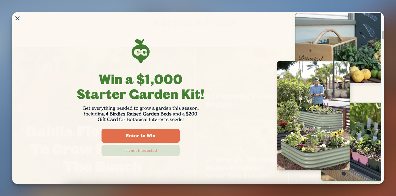 Garden kit giveaway promotion pop-up offering a chance to win a starter garden kit, including raised beds and seeds, with entry options displayed