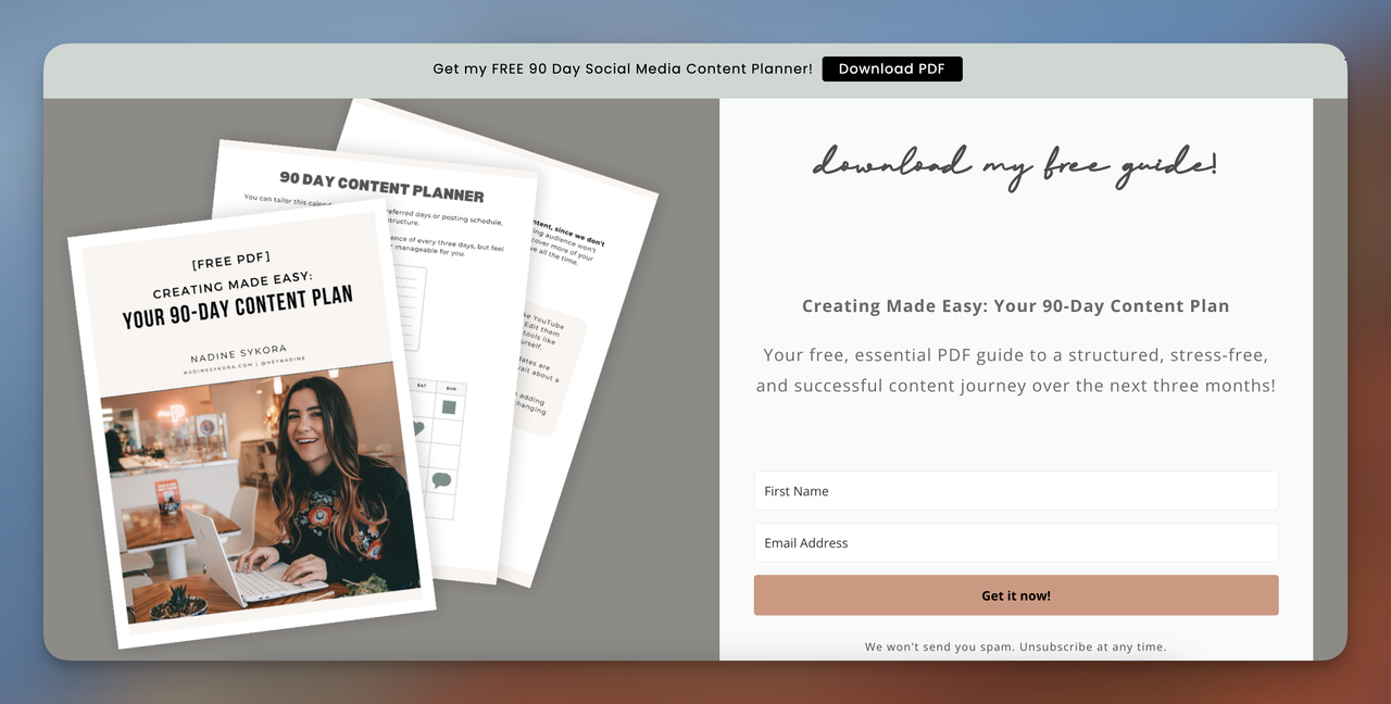 Landing page offering a free 90-day social media content planner as a lead magnet with a form to input name and email for download.