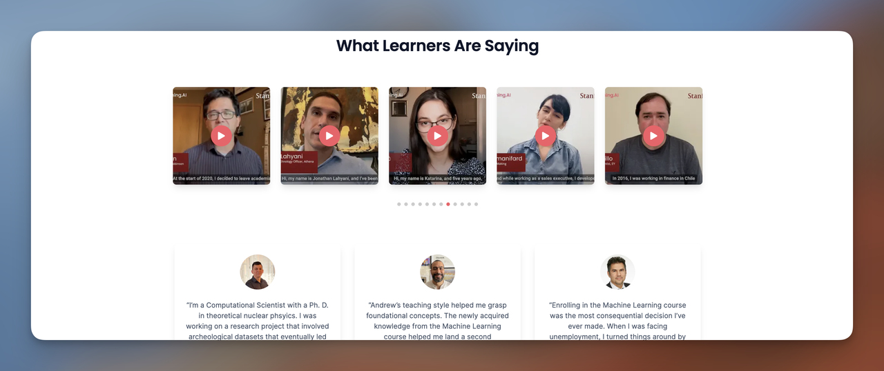 Testimonials section displaying feedback from diverse learners about the benefits of the Machine Learning course