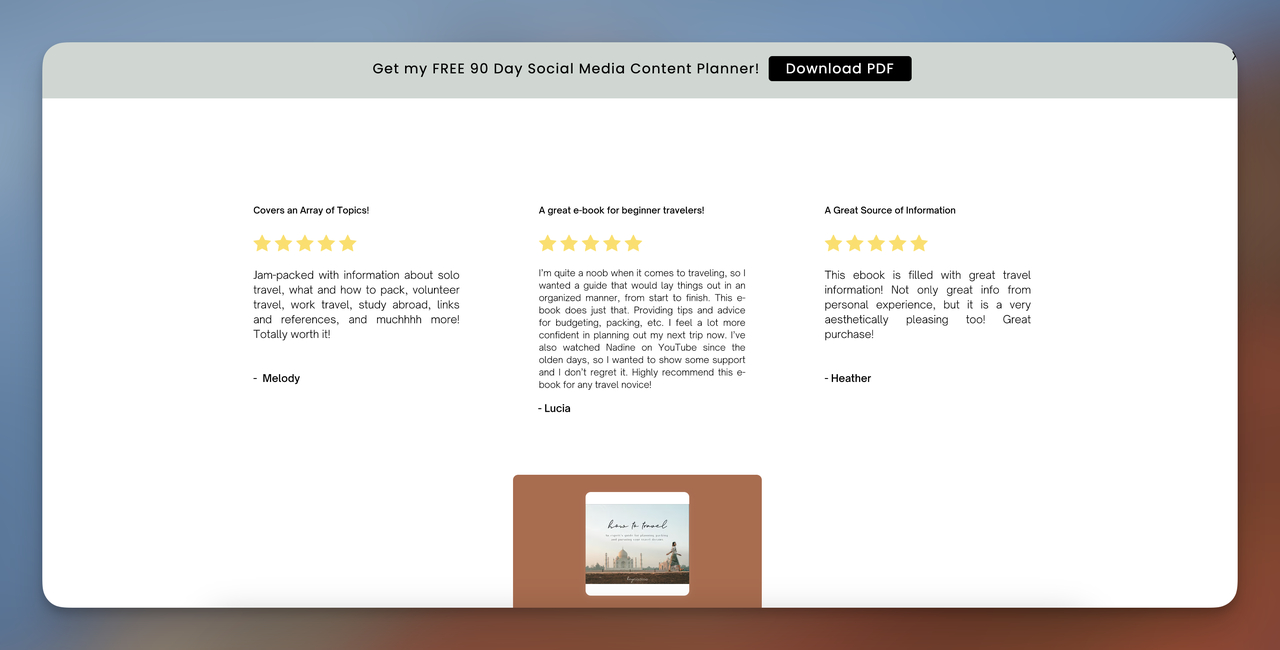Landing page section showcasing customer testimonials for a digital travel guide eBook, with enthusiastic reviews from three users highlighting its comprehensive content and usefulness for beginner travelers