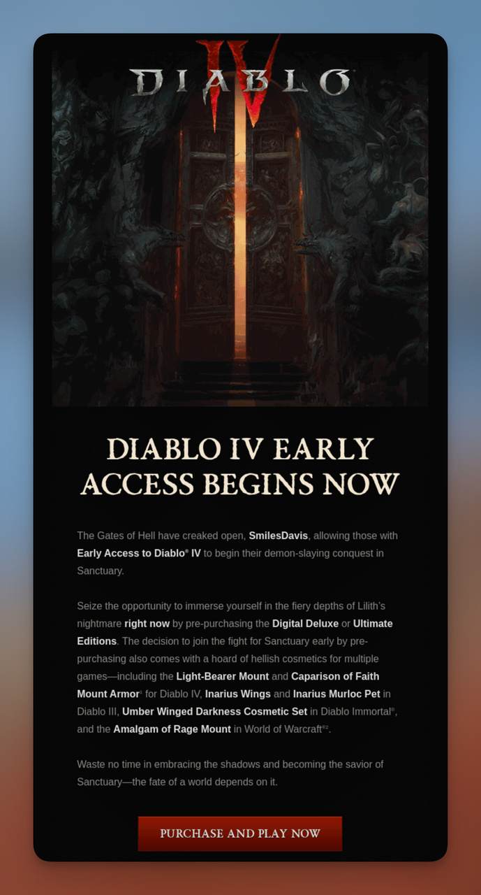 Early access promotion for Diablo IV, with details on pre-purchase benefits and a dramatic game-themed background.